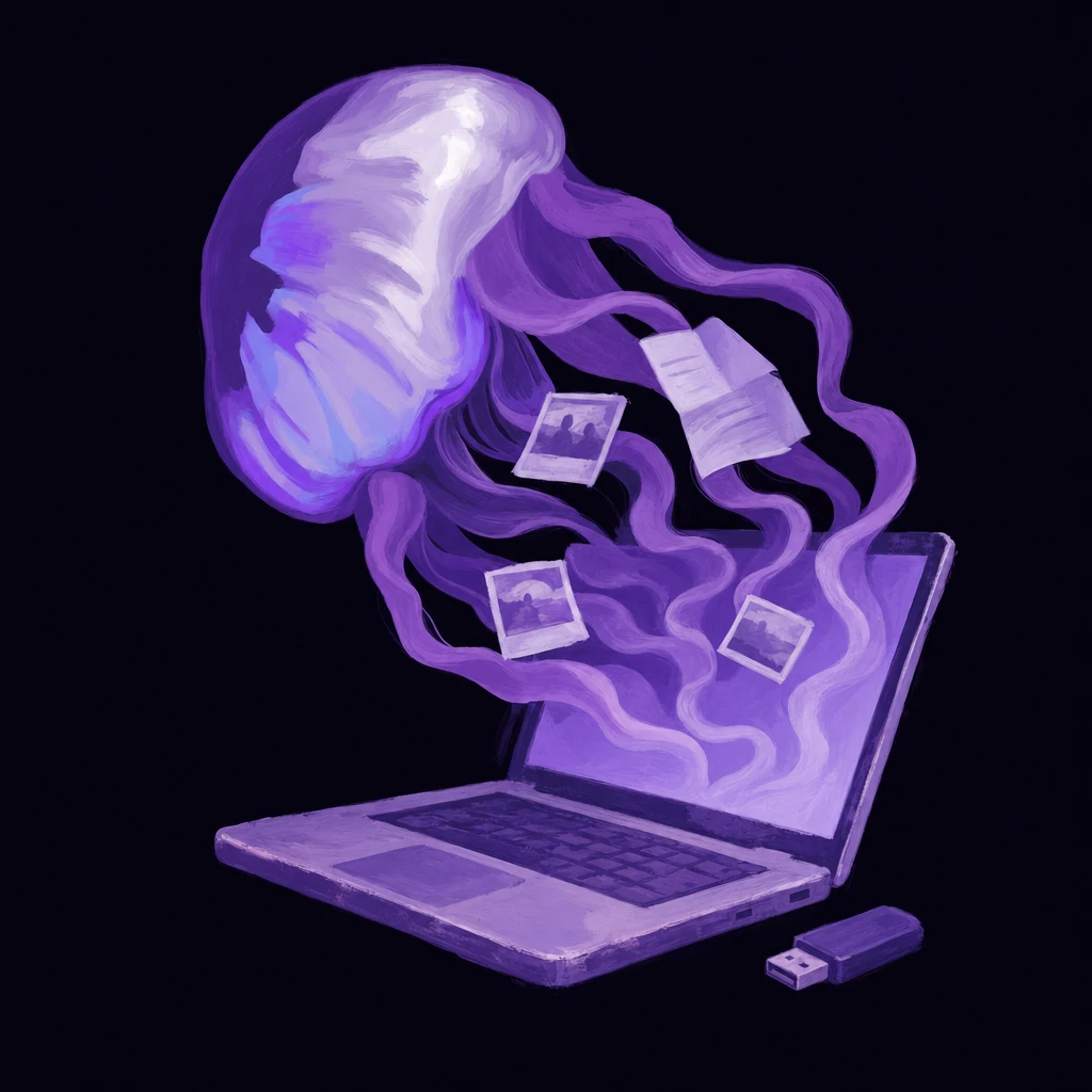A hand-painted violet jellyfish rising from an everyday laptop, sheltering photos and documents.