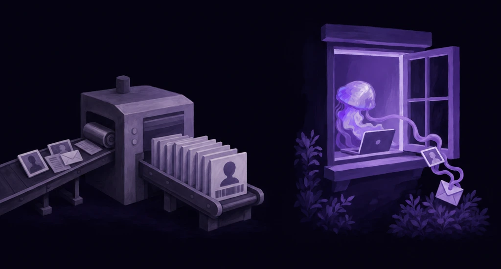 On the left, an impersonal machine processes personal photos and letters into profile cards. Across a clear gap, a violet jellyfish keeps its photos and letters beside a computer at home, outside the machine’s feed.